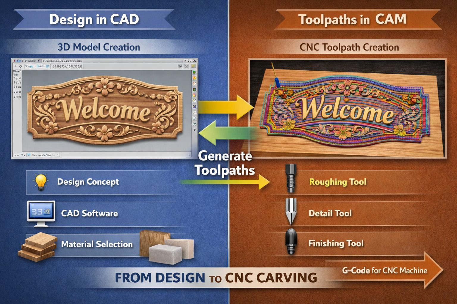() image displaying a clear, step-by-step infographic or visual guide on the design and programming process for CNC carving.