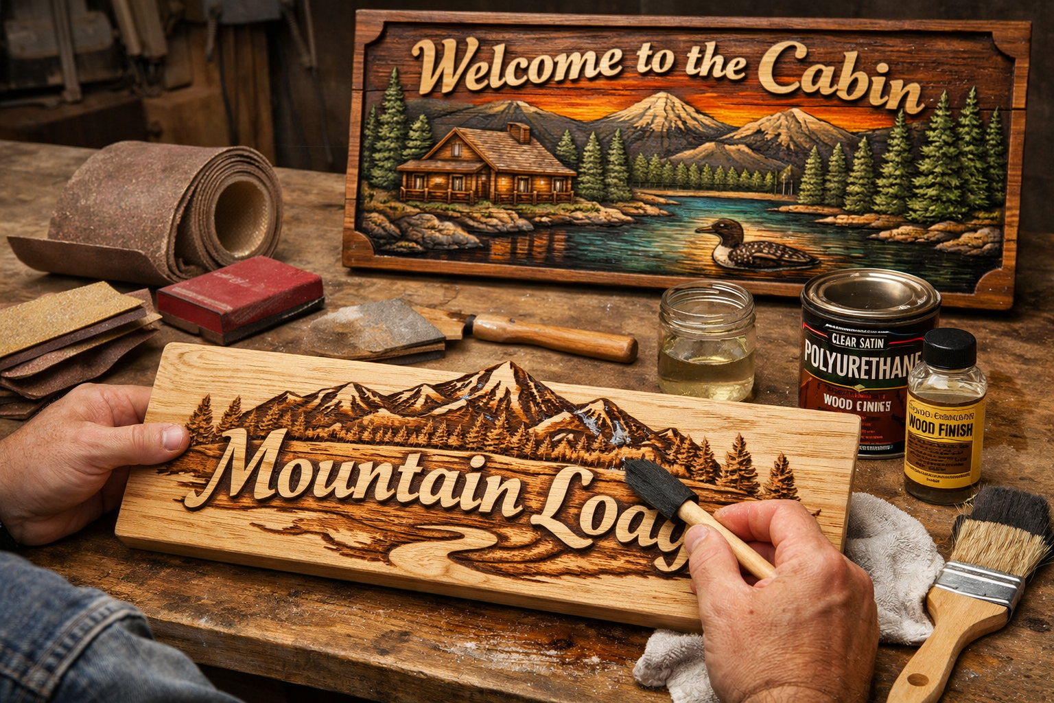 () image capturing the finishing stages of a CNC-carved wooden sign. The foreground features hands applying a clear
