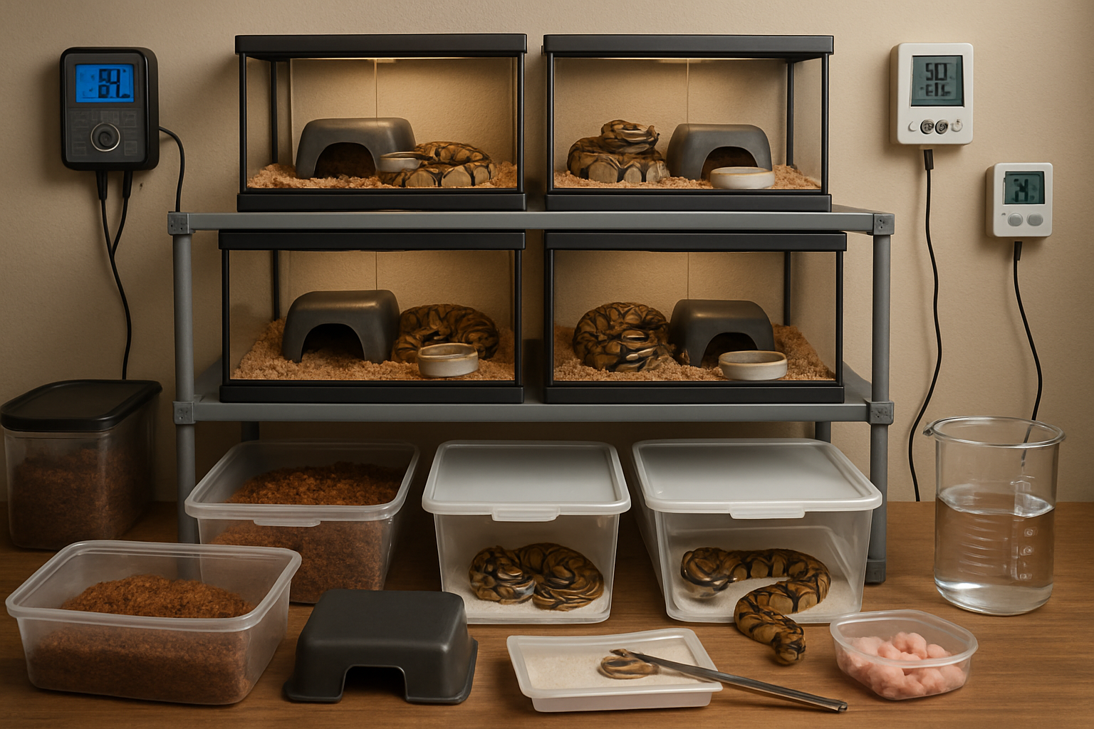 Detailed landscape image (1536x1024) showing ball python breeding setup with multiple terrariums, temperature and humidity monitoring equipm