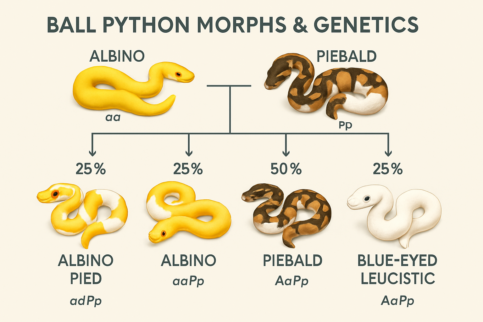 Landscape image (1536x1024) displaying ball python morphs and genetics with visual breeding chart showing parent snakes and offspring possib