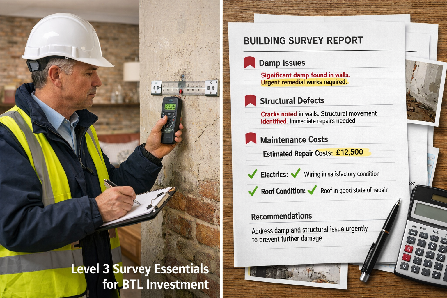 Detailed landscape format (1536x1024) editorial image showing split-screen composition: left side displays professional chartered surveyor e