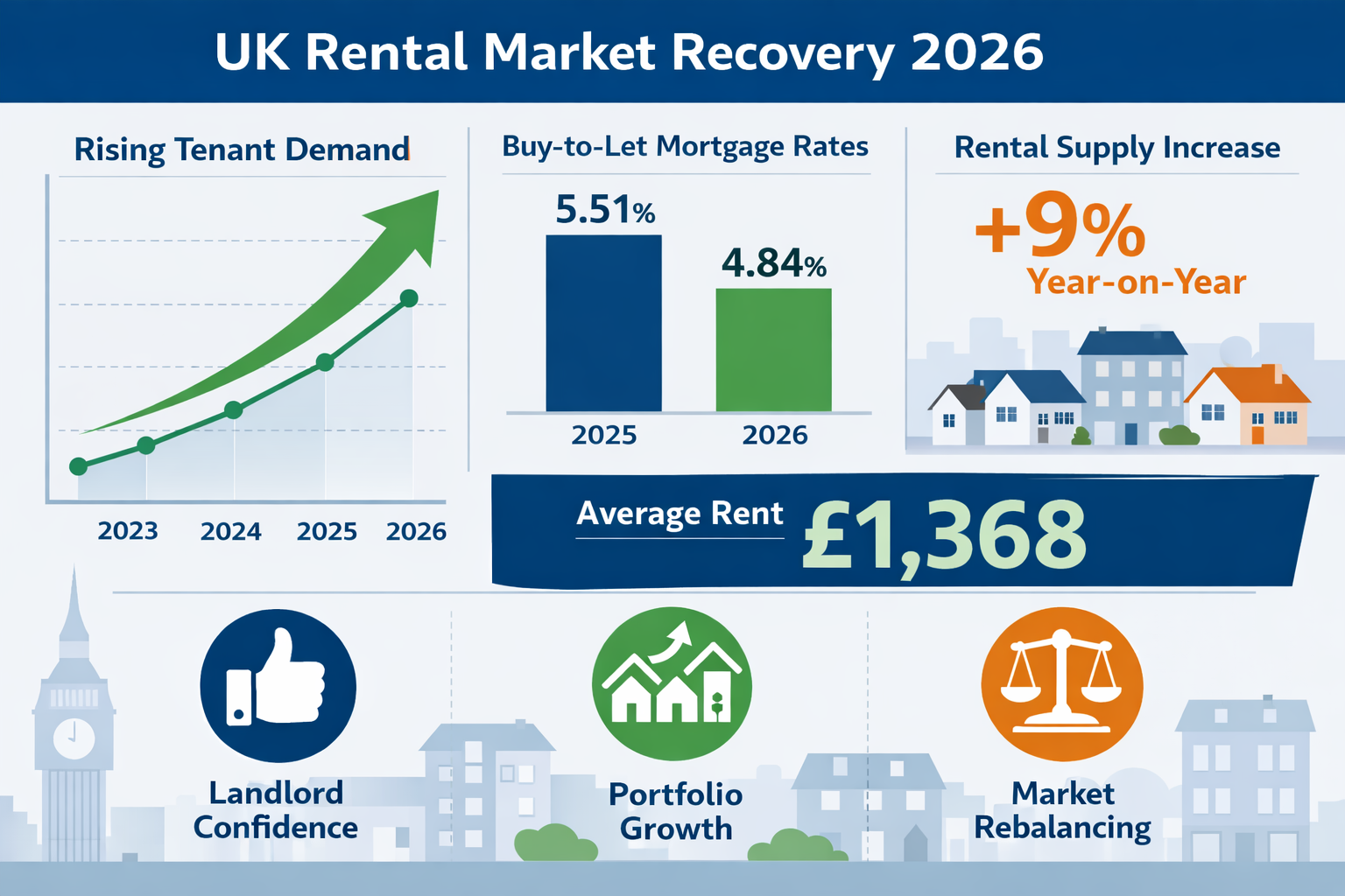 Comprehensive landscape format (1536x1024) infographic-style image displaying UK rental market recovery statistics for 2026: large central g