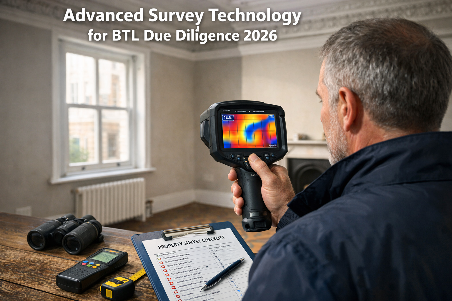 Detailed landscape format (1536x1024) image showing experienced building surveyor conducting comprehensive property assessment of Victorian-