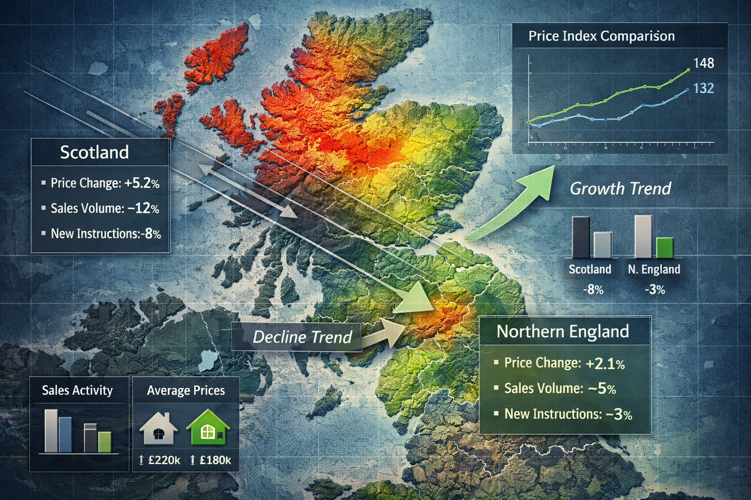 Detailed geospatial visualization showcasing regional price performance variations across Scotland and Northern England. Use