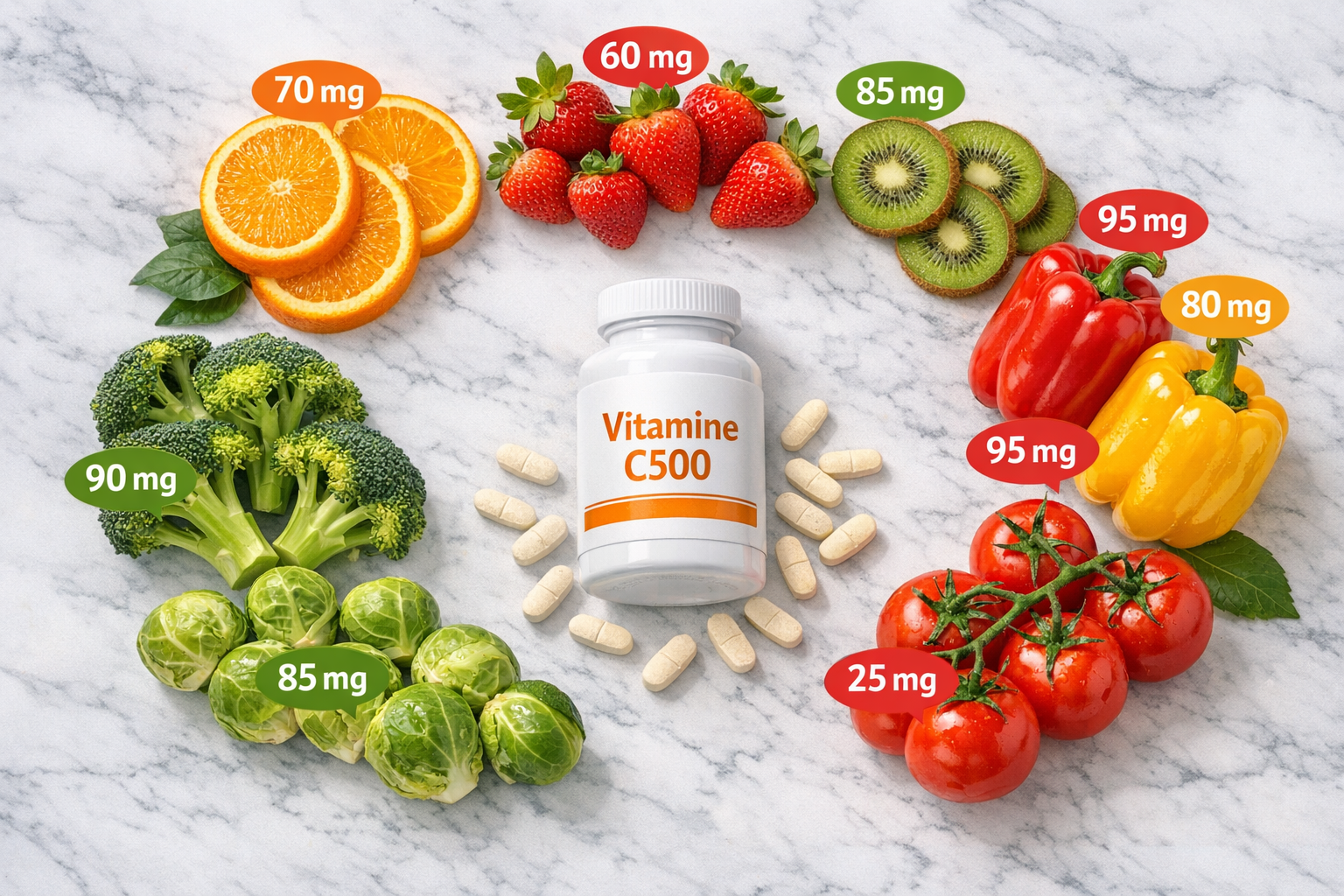 Afbeeldingen met nederlandse tekst Vibrant flat-lay composition of vitamin C-rich foods arranged in circular pattern on white marble surface