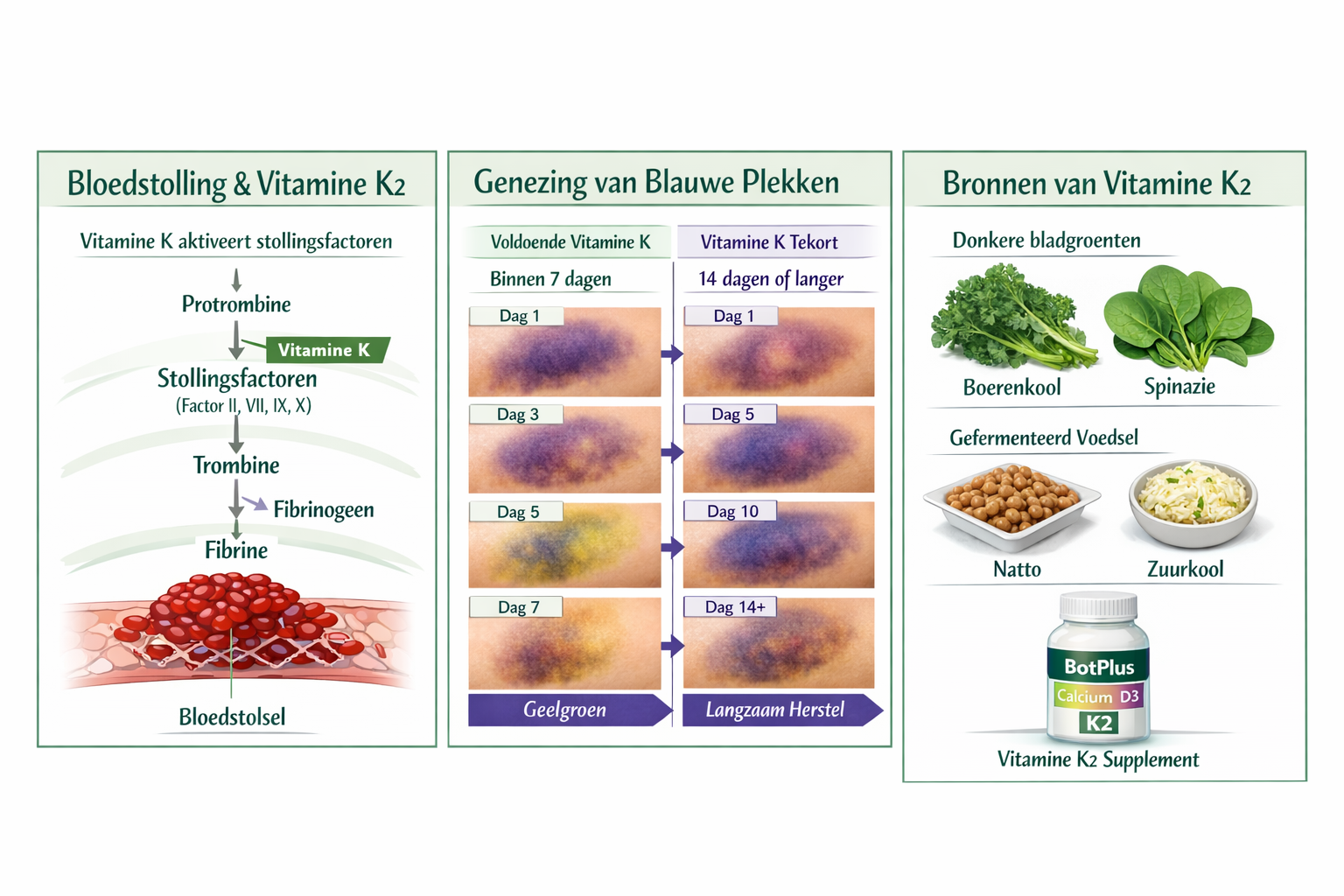 Afbeeldingen met nederlandse tekst Educational infographic showing vitamin K2 benefits for blood clotting and bruise prevention. Left panel: