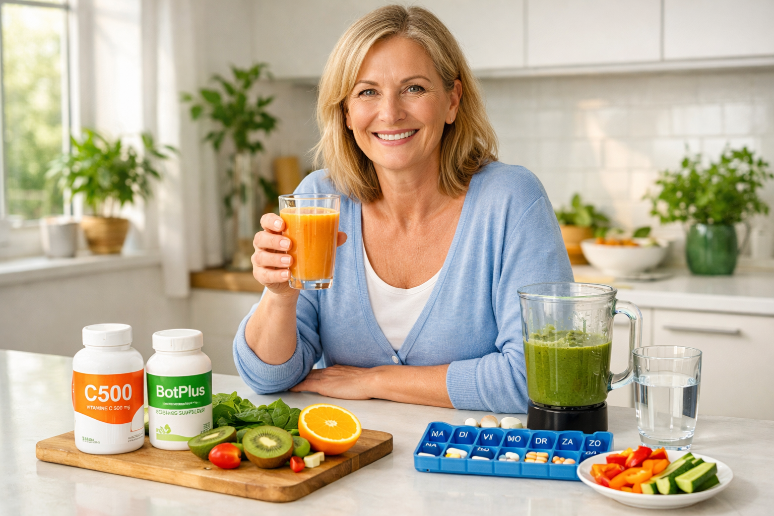 Afbeeldingen met nederlandse tekst Lifestyle photograph of active 50-year-old woman in bright kitchen preparing healthy smoothie with fresh 