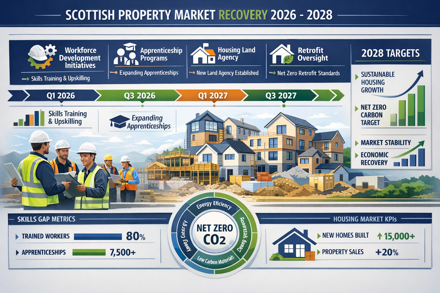 Detailed landscape format (1536x1024) strategic planning visualization for Scottish property market recovery through 2026-2028. Central time