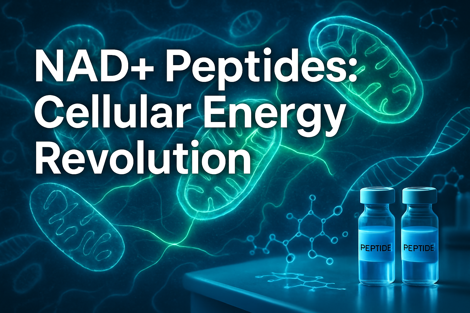 Professional landscape hero image (1536x1024) featuring bold text overlay 'NAD+ Peptides: Cellular Energy Revolution' in extra large 70pt wh