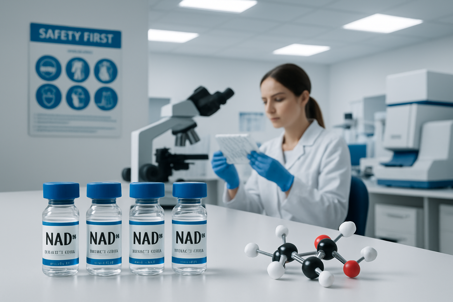 Professional laboratory scene showing peptide research vials labeled NAD+, modern testing equipment, molecular models on desk, safety protoc