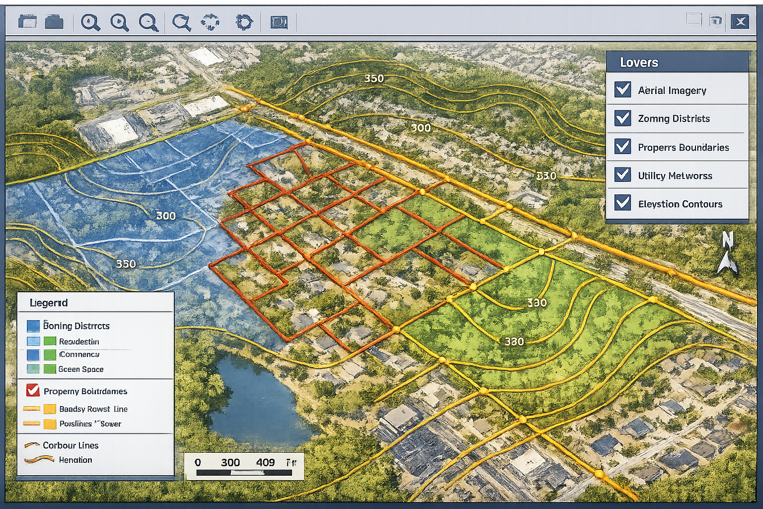 Detailed landscape format (1536x1024) illustration showing multi-layered GIS data visualization with transparent overlays: bottom layer show