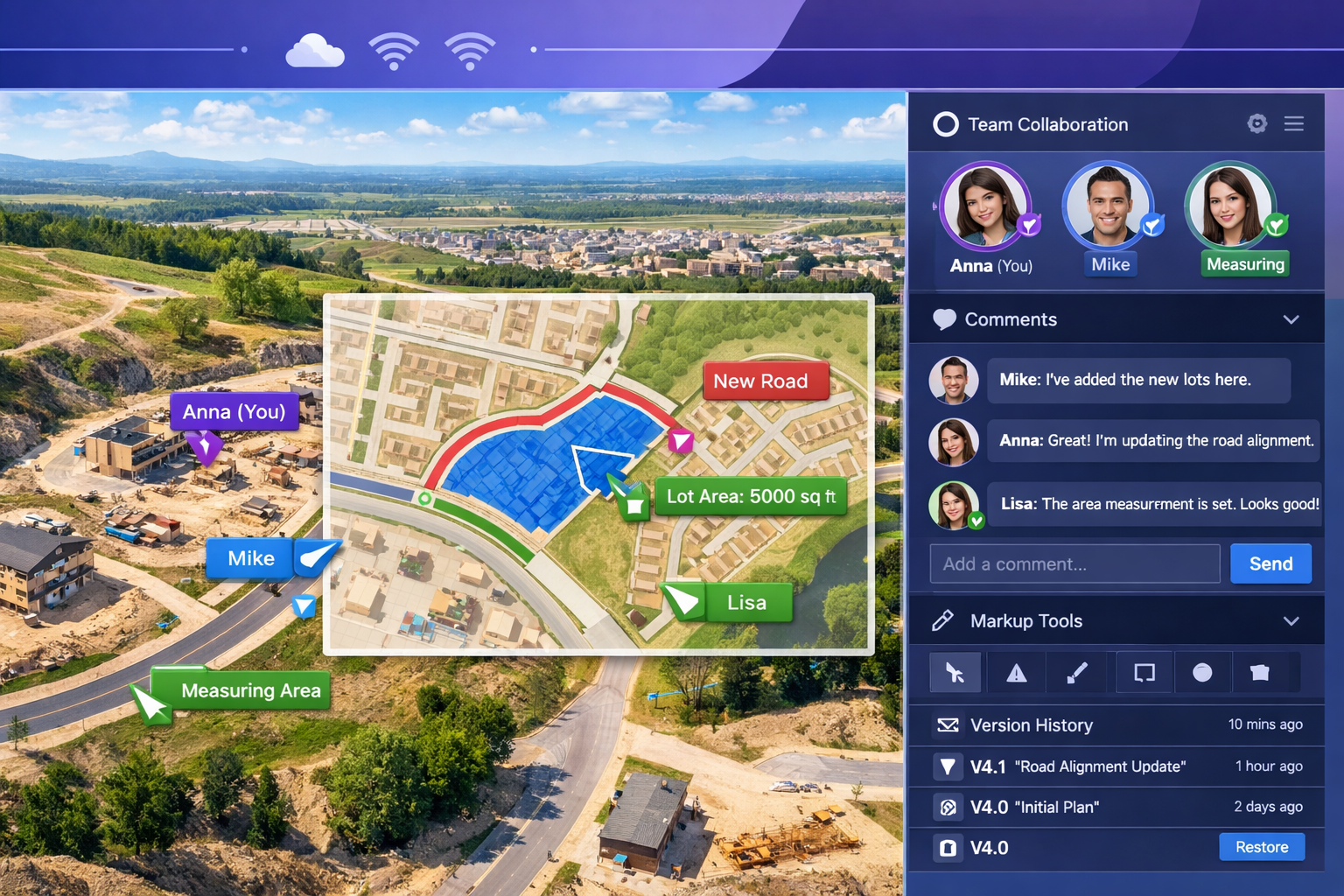 Detailed landscape format (1536x1024) visualization of cloud-based collaborative GIS platform dashboard showing multiple surveyors working s