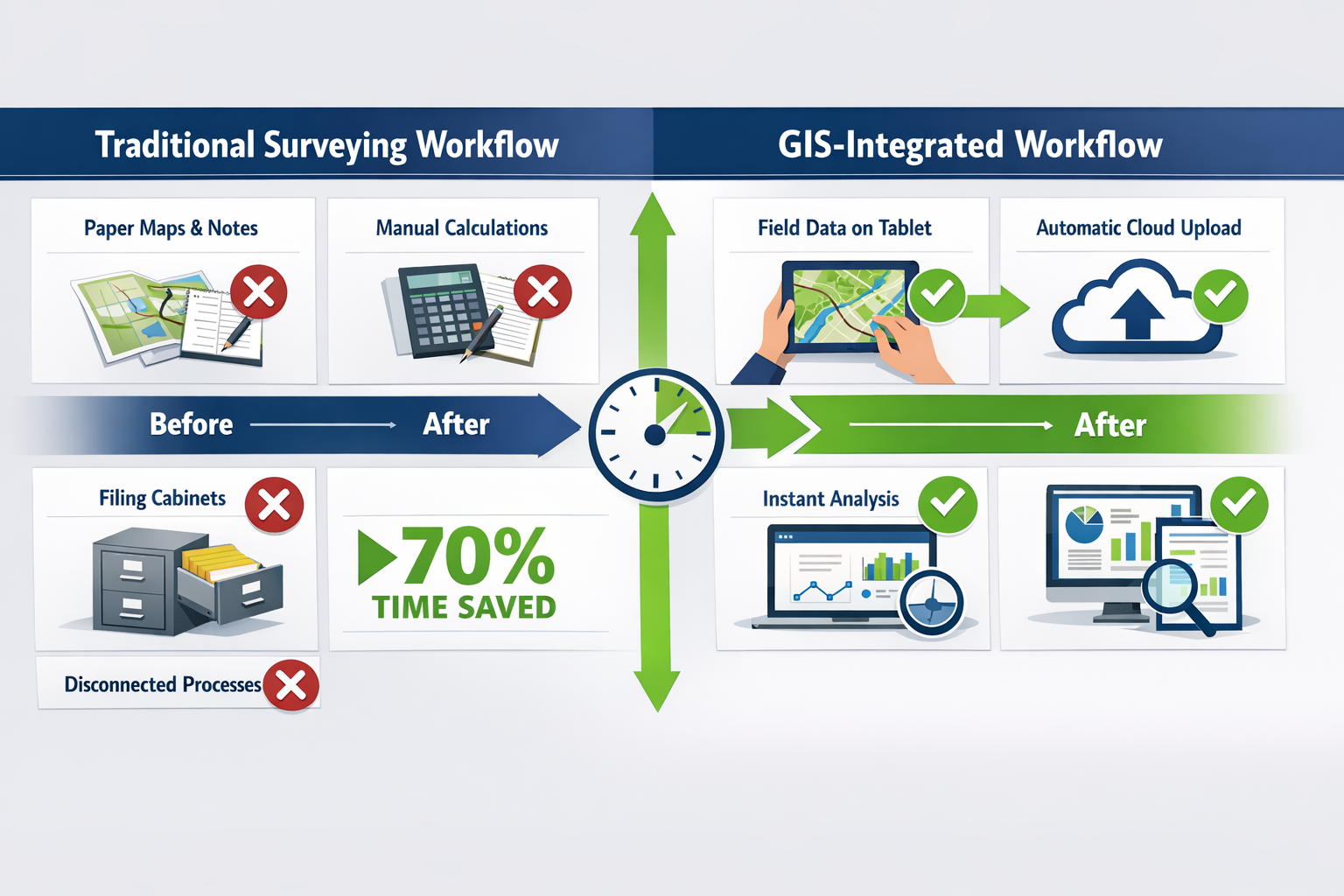 Detailed landscape format (1536x1024) infographic comparing traditional surveying workflow versus GIS-integrated workflow. Left side shows p