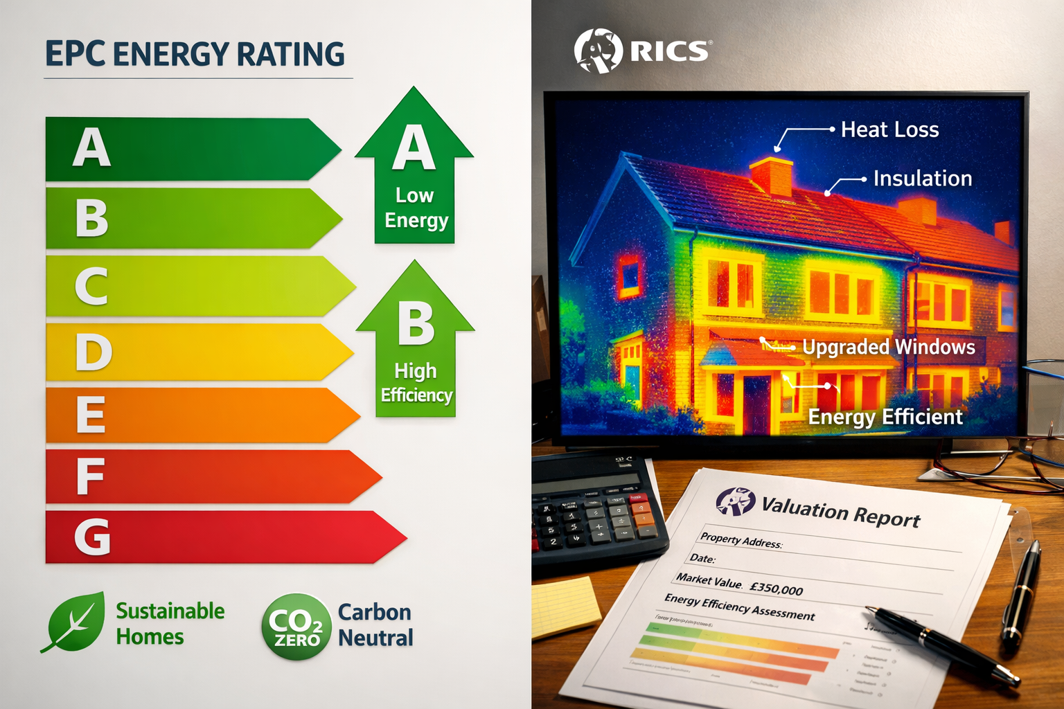 () editorial infographic-style image showing a split-scene: left side displays a colorful EPC energy rating chart (A to G