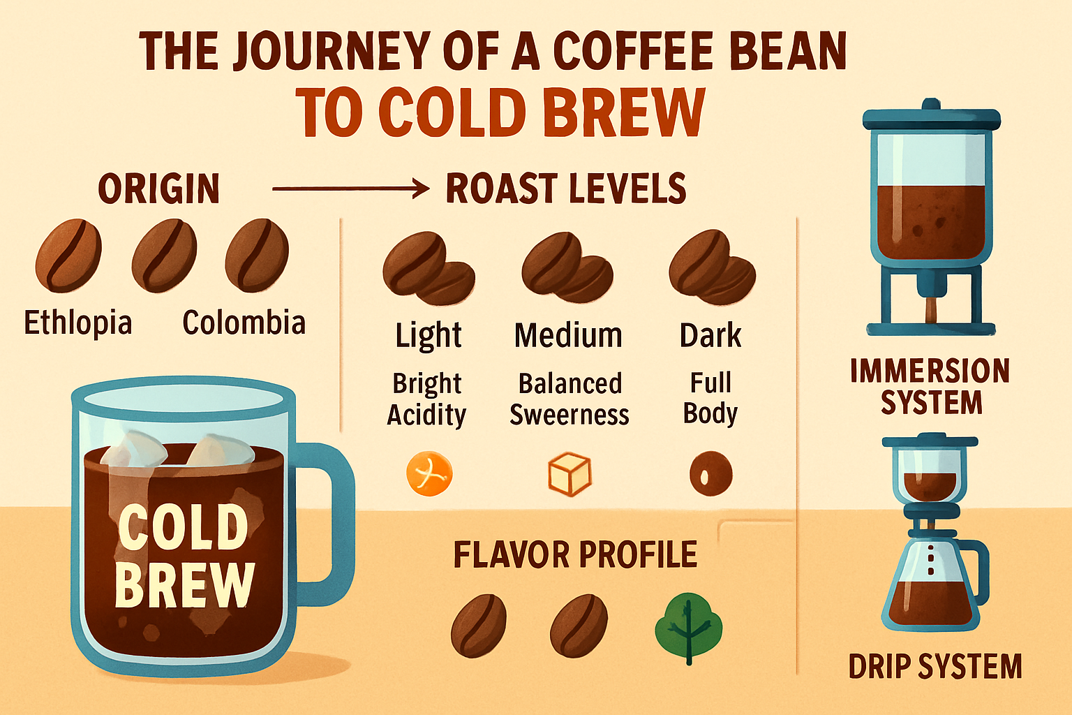 A visually appealing infographic showing the journey of a coffee bean from origin (Ethiopia, Colombia, Brazil) to a perfectly brewed cold br