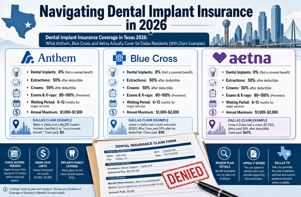 A detailed infographic in () titled 'Navigating Dental Implant Insurance in 2026', showing three distinct sections for
