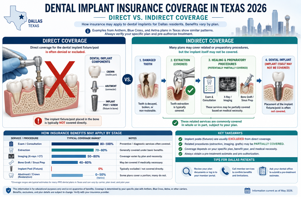 An illustrative diagram in () comparing 'Direct vs. Indirect Coverage' for dental implants. One side shows a dental implant