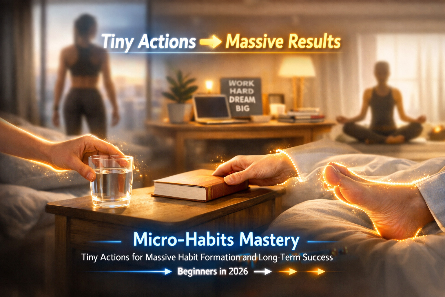 7 Proven Micro-Habits for Effortless Long-Term Success 2 Landscape format (1536x1024) editorial image depicting a person performing several extremely small, symbolic actions simultaneously or in ra