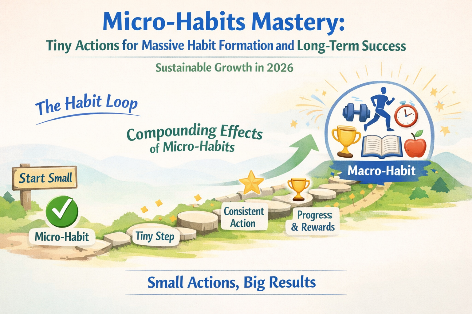 7 Proven Micro-Habits for Effortless Long-Term Success 3 Landscape format (1536x1024) editorial image illustrating the journey of habit formation through a visual timeline or path, broken down into