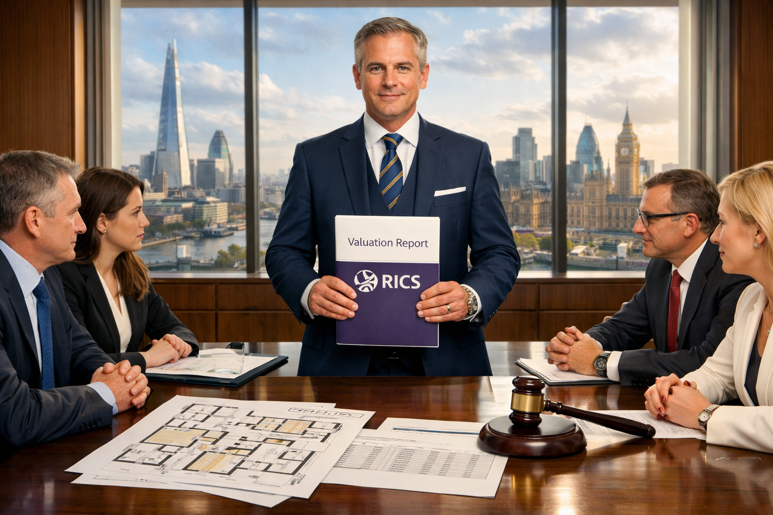 () editorial illustration showing a RICS-accredited chartered surveyor in professional attire standing between two opposing