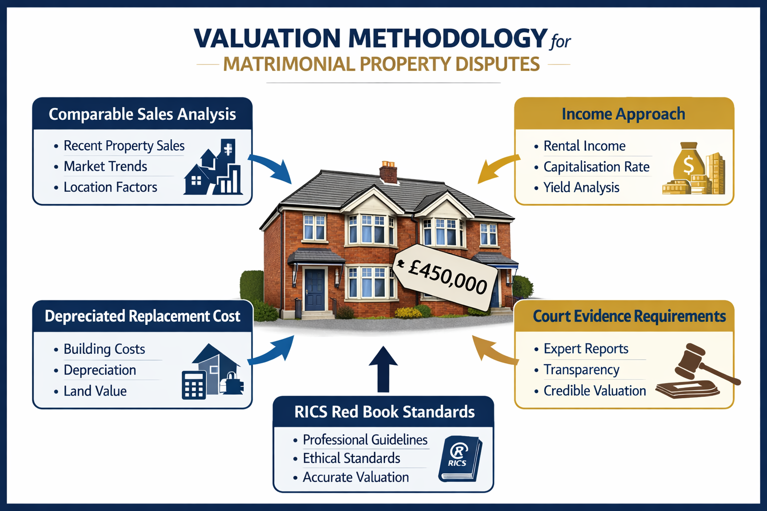 () detailed infographic-style image showing a structured valuation methodology flowchart for matrimonial property disputes.