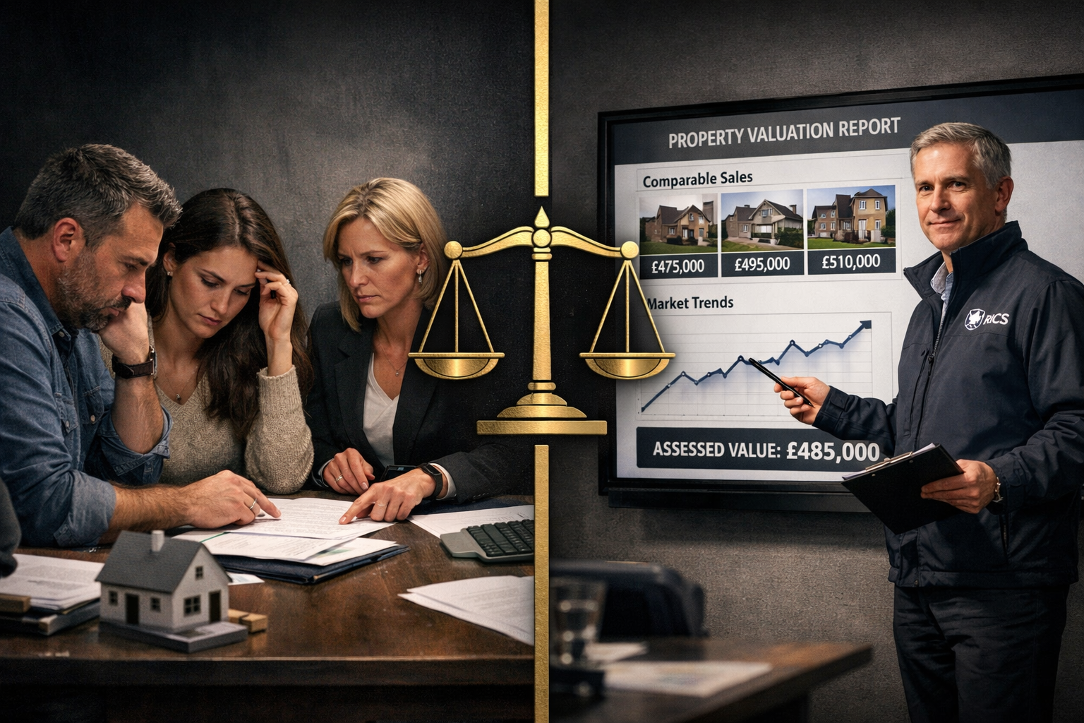 () dramatic split-scene image illustrating a contentious matrimonial asset division scenario. Left panel: a stressed couple