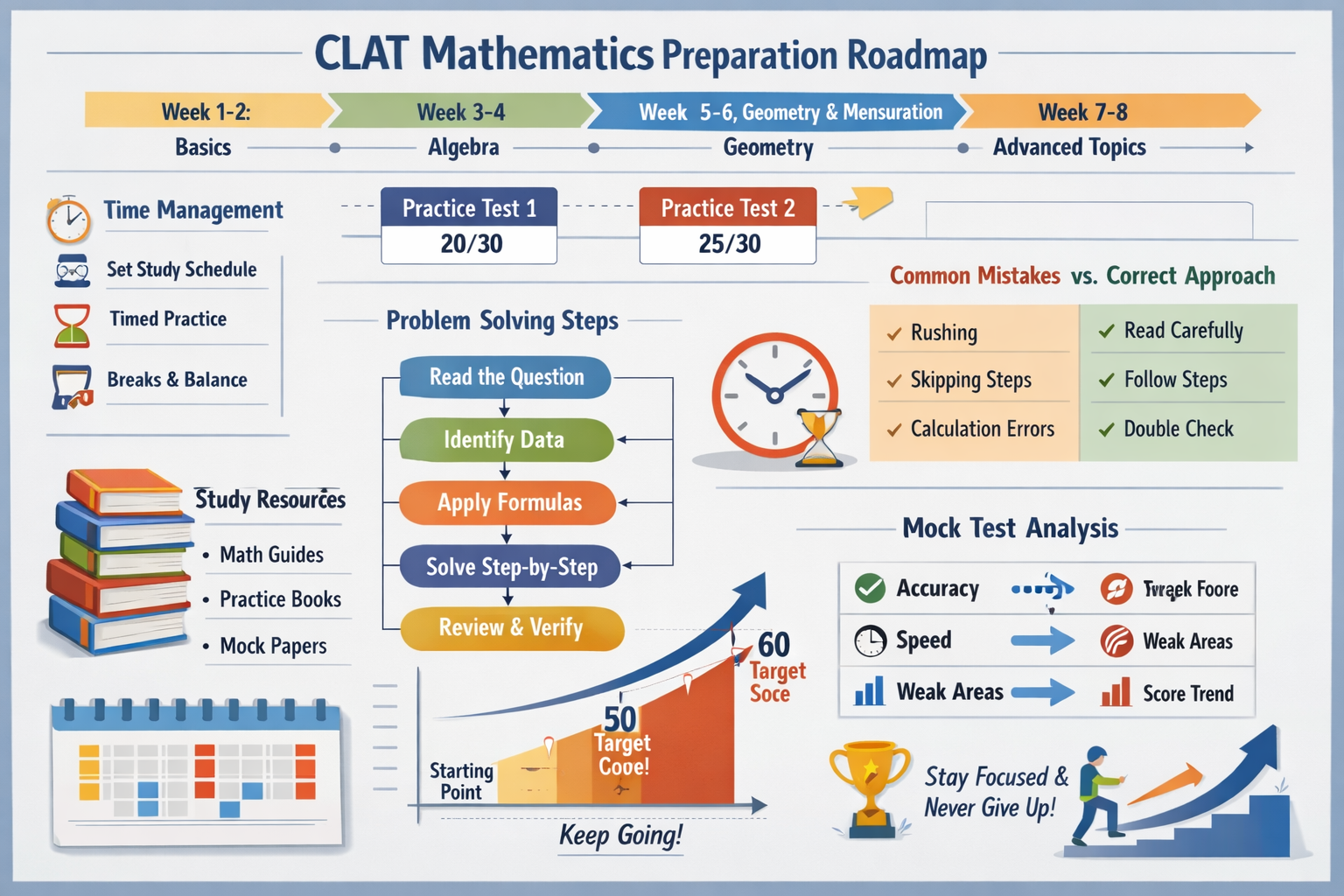 Strategic preparation roadmap infographic for CLAT mathematics section showing timeline based study plan with topic wise coverage schedule, 