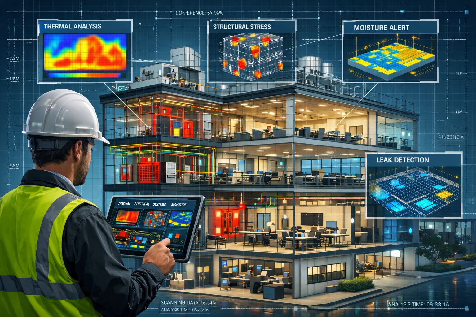 Detailed () illustration showing cross-section view of complex multi-story commercial building with transparent walls