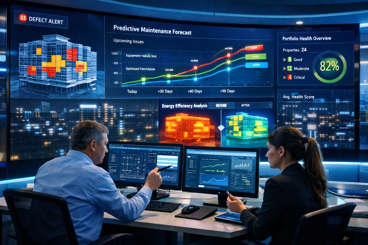 Wide-angle () photograph-style image of modern property survey control room with large curved display wall showing real-time