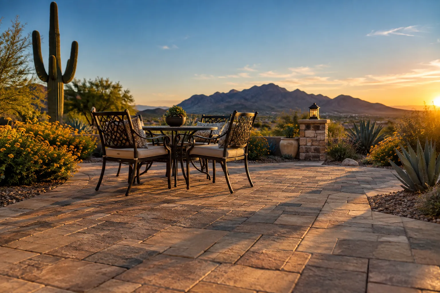 Editorial () hero image, no . A beautifully finished backyard paver patio in Mesa Arizona, late afternoon golden hour light