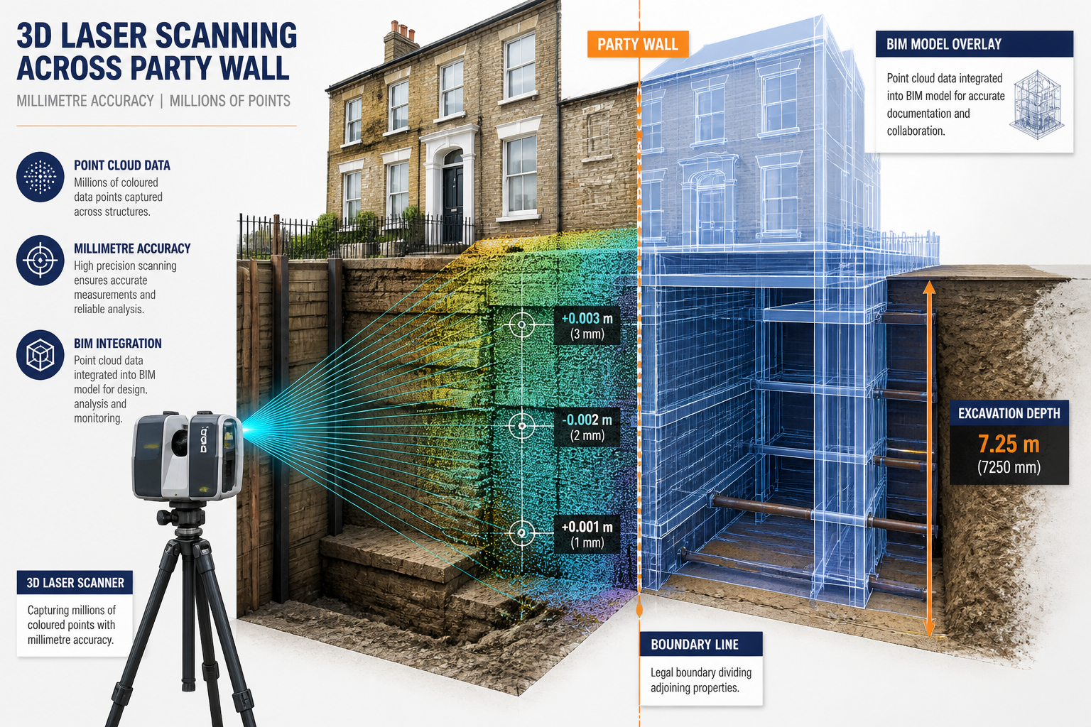 Detailed () infographic-style illustration showing a cross-section diagram of a deep urban excavation site beside a