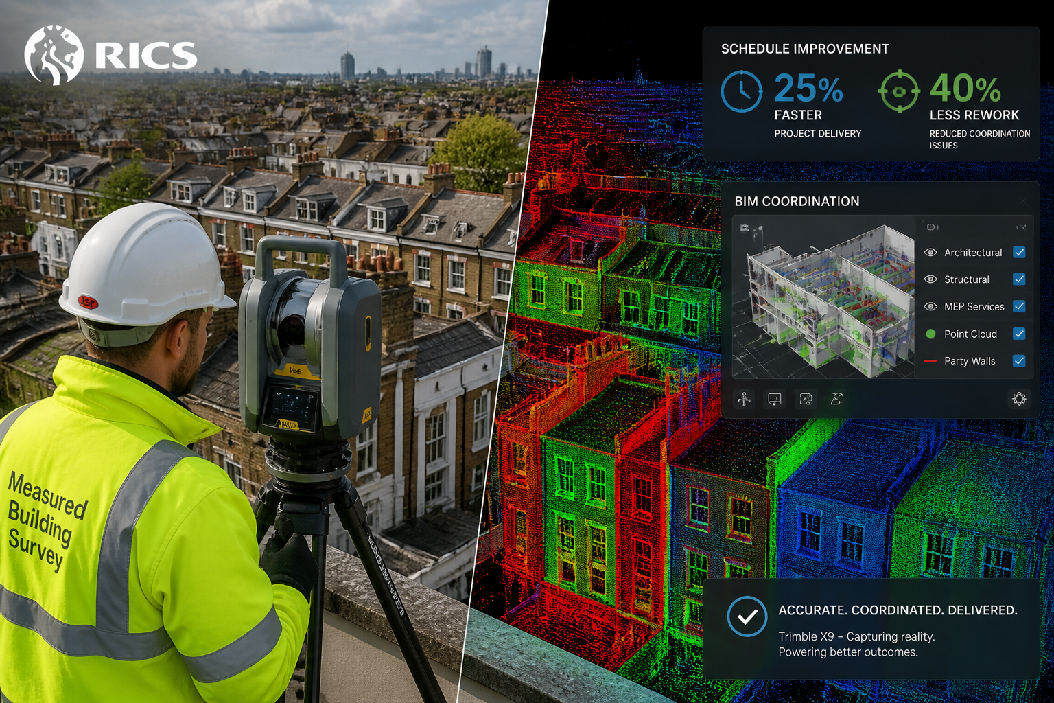 () close-up aerial bird's-eye view of a surveyor in hi-vis vest and hard hat operating a Trimble X9 laser scanner on a
