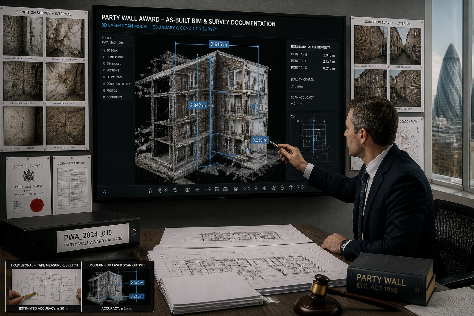 () professional courtroom-style evidence board aesthetic showing a large monitor displaying a detailed as-built BIM model of