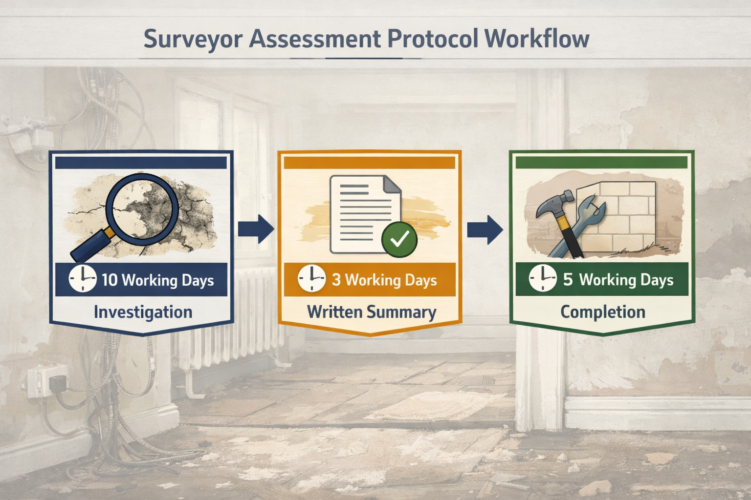 Detailed () image depicting surveyor assessment protocol workflow diagram with three connected stages. First stage shows