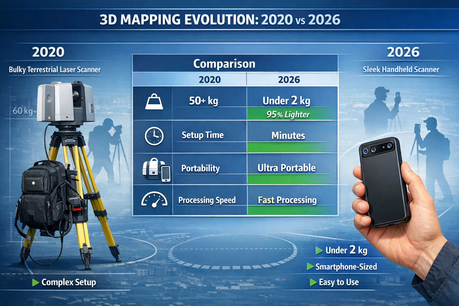 Landscape format (1536x1024) detailed comparison infographic showing evolution of 3D mapping equipment from 2020 to 2026. Left side displays