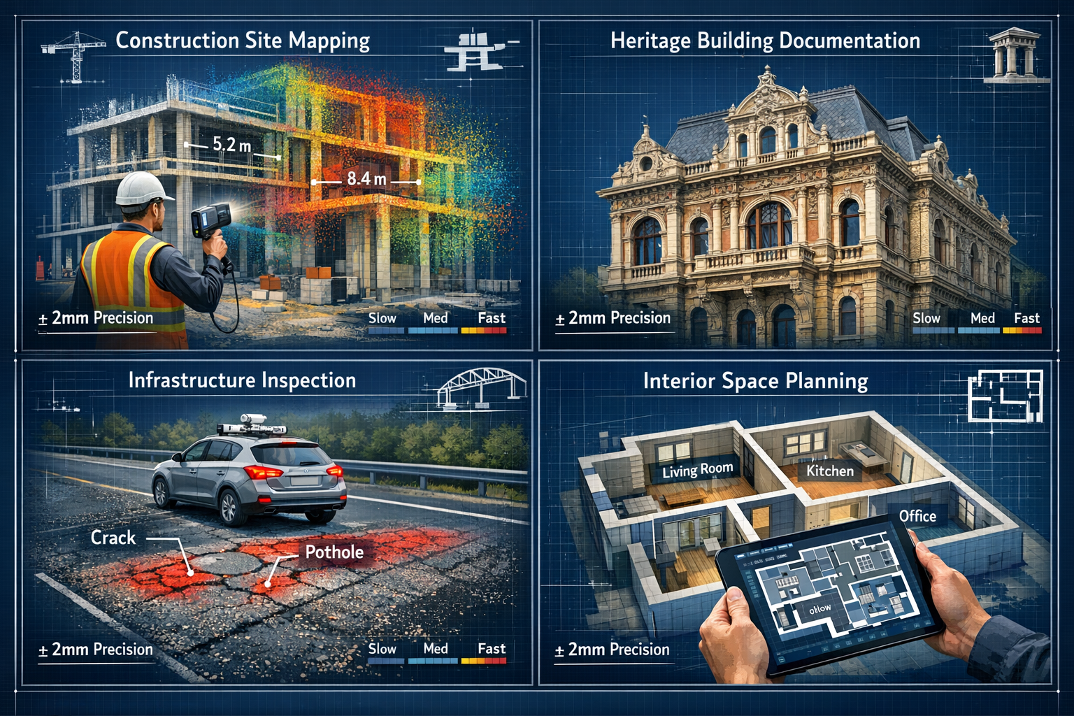 Landscape format (1536x1024) cutaway technical illustration showing real-world mobile 3D mapping applications across four quadrants. Top-lef
