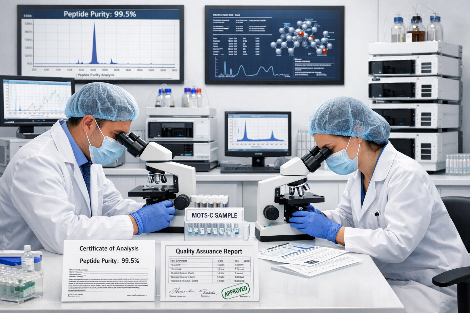 Modern scientific research facility interior showing peptide quality testing equipment, HPLC machines, purity analysis charts, and certified