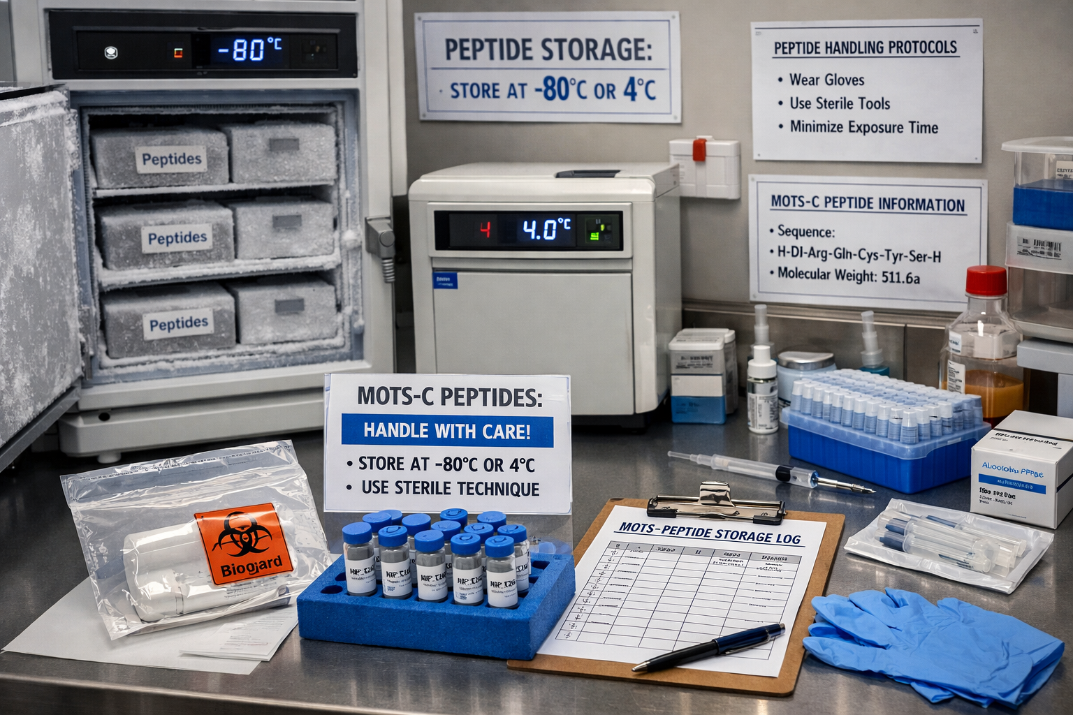 Scientific laboratory scene focused on peptide storage and handling protocols, showing temperature-controlled storage units, proper labeling