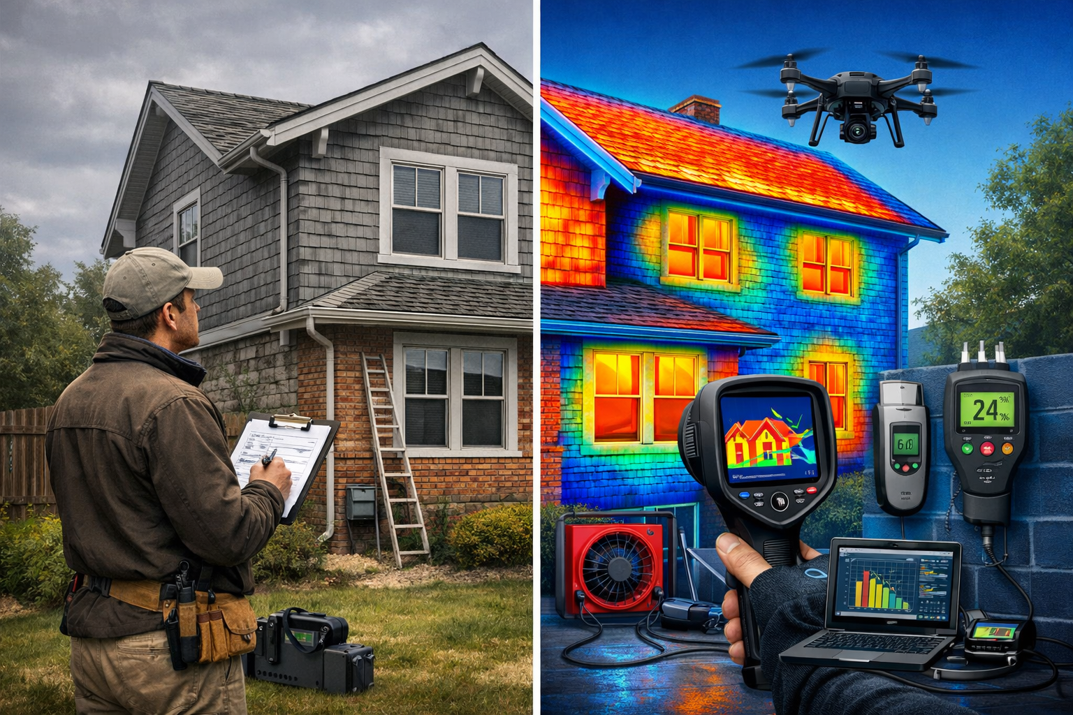 Comprehensive landscape format (1536x1024) technical illustration showing side-by-side comparison of traditional home survey inspection vers