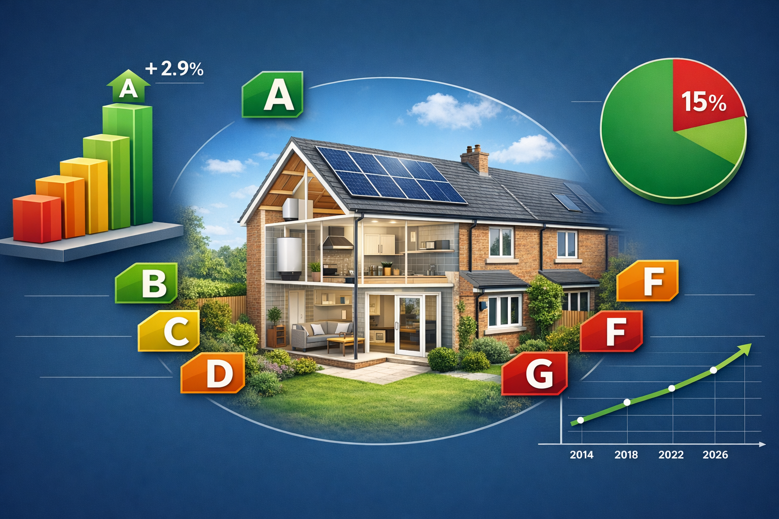 Detailed landscape format (1536x1024) infographic-style visualization showing the financial impact of EPC ratings on UK residential property