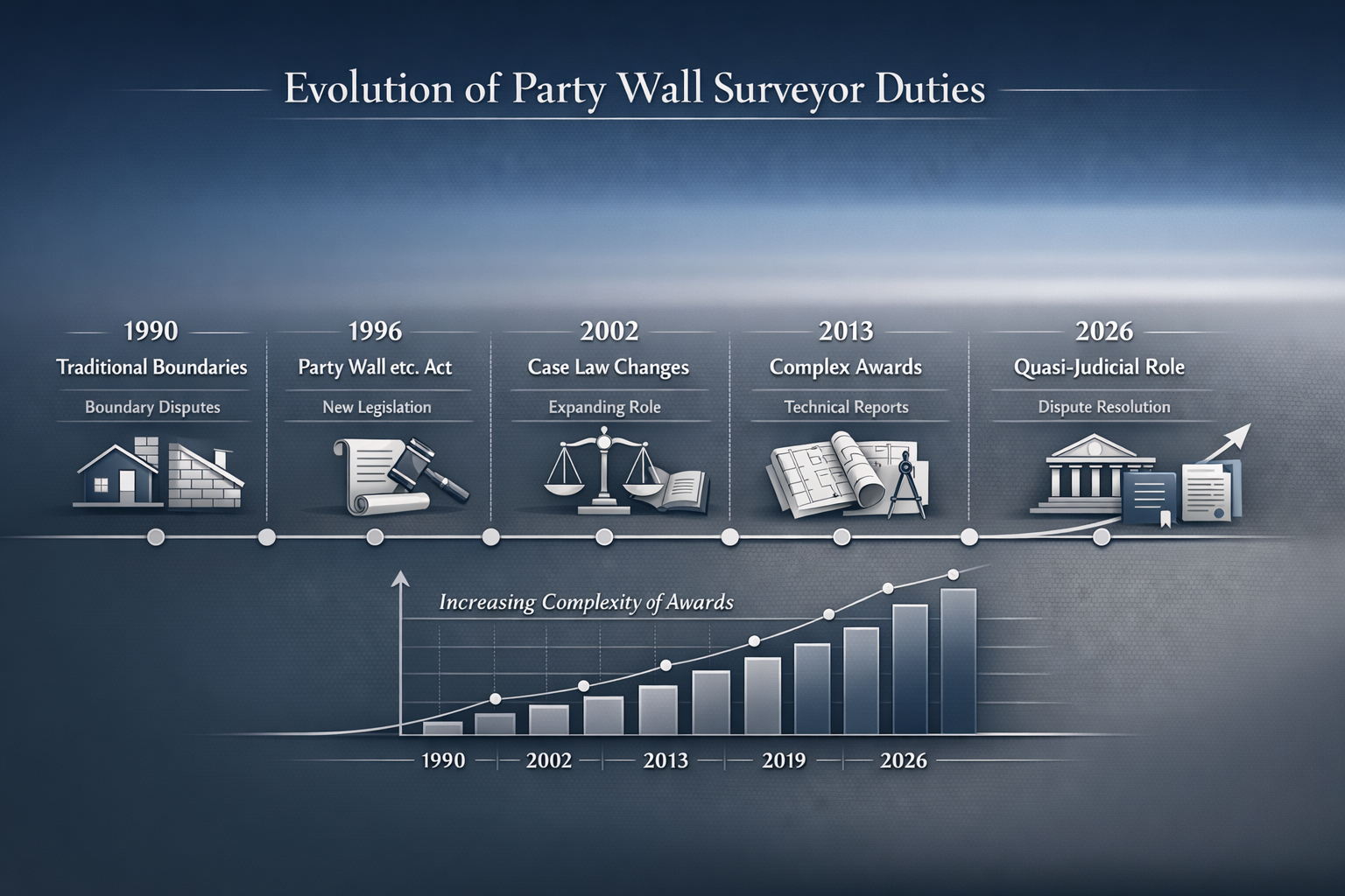 A sleek, featuring a timeline with key legal milestones from 1990-2026. Incorporate symbolic icons representing judicial