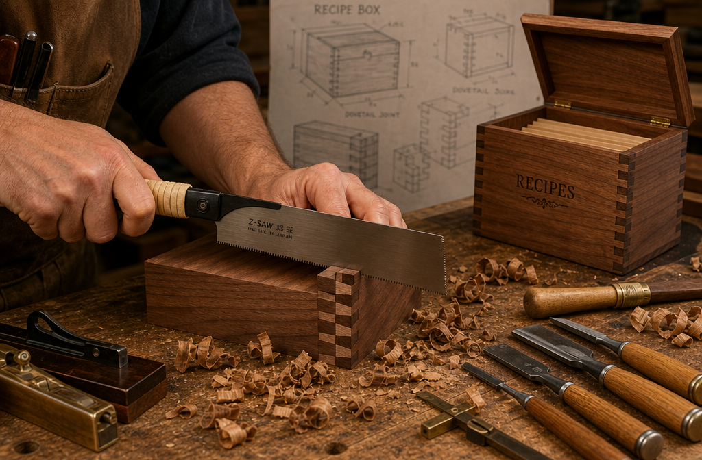 Detailed () image showing a close-up of a woodworker's hands expertly cutting a dovetail joint on a piece of hardwood