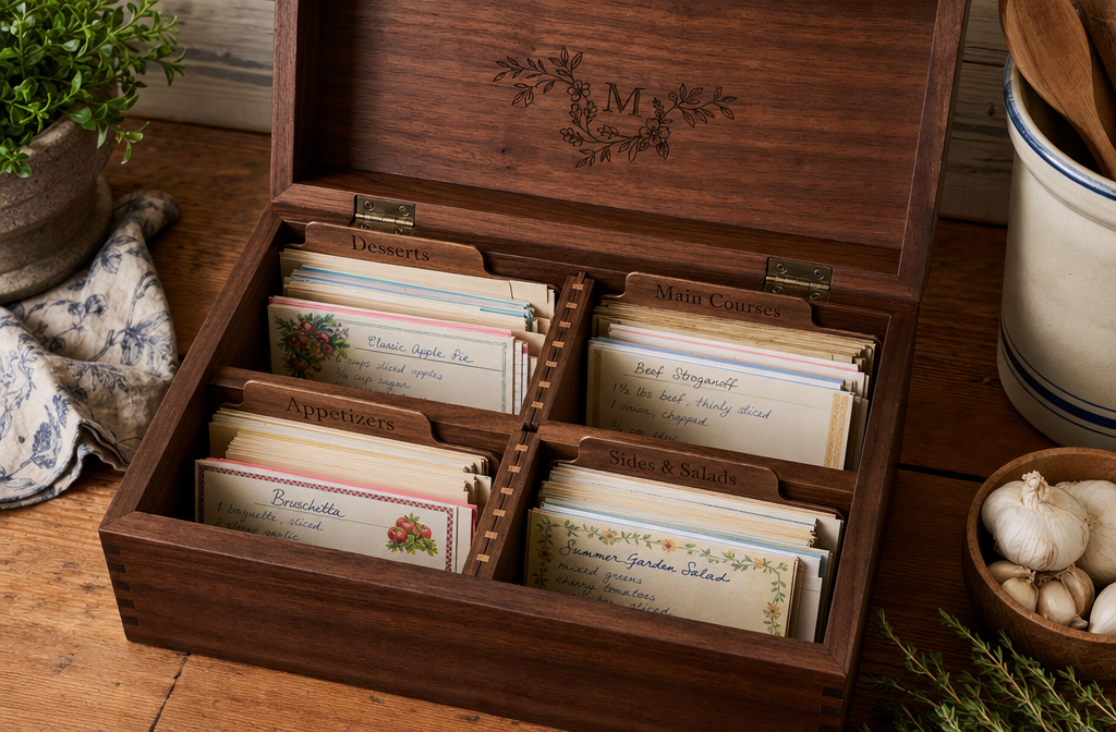 Detailed () image displaying an open wooden recipe box from a slightly overhead angle, showcasing its interior organization.