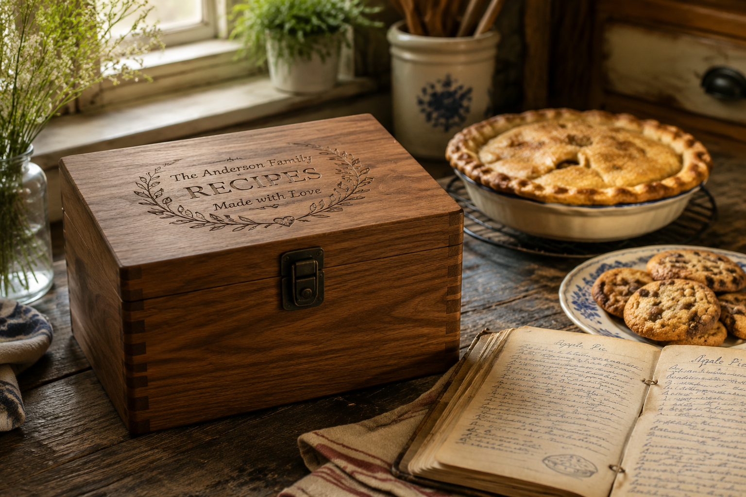 Detailed () image featuring a completed wooden recipe box sitting on a rustic kitchen counter, bathed in natural light. The