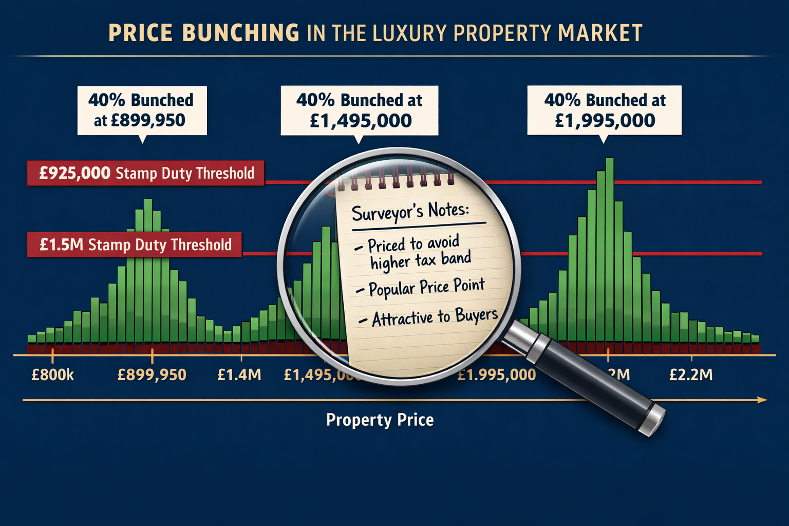 Detailed landscape format (1536x1024) illustration showing the price bunching phenomenon in luxury property markets. Visual displays horizon