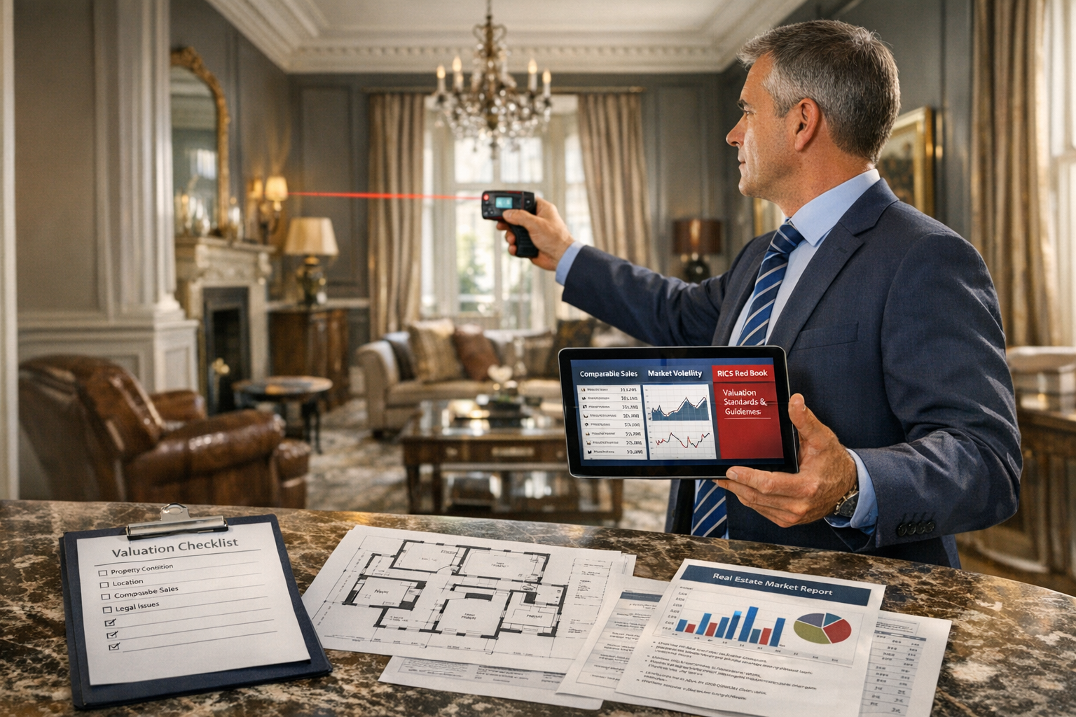 Detailed landscape format (1536x1024) professional scene showing chartered surveyor conducting luxury property valuation in high-end residen