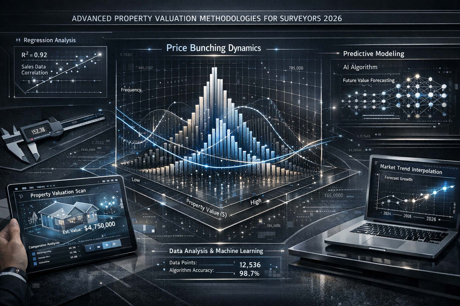 Hyper-realistic editorial infographic visualizing advanced property valuation methodologies for surveyors in 2026. Central composition featu