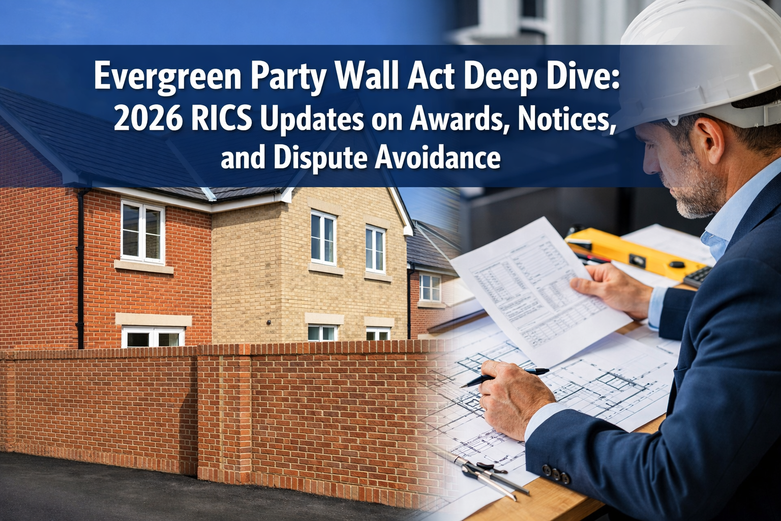 Professional landscape format (1536x1024) hero image with bold text overlay: 'Evergreen Party Wall Act Deep Dive: 2026 RICS Updates on Award