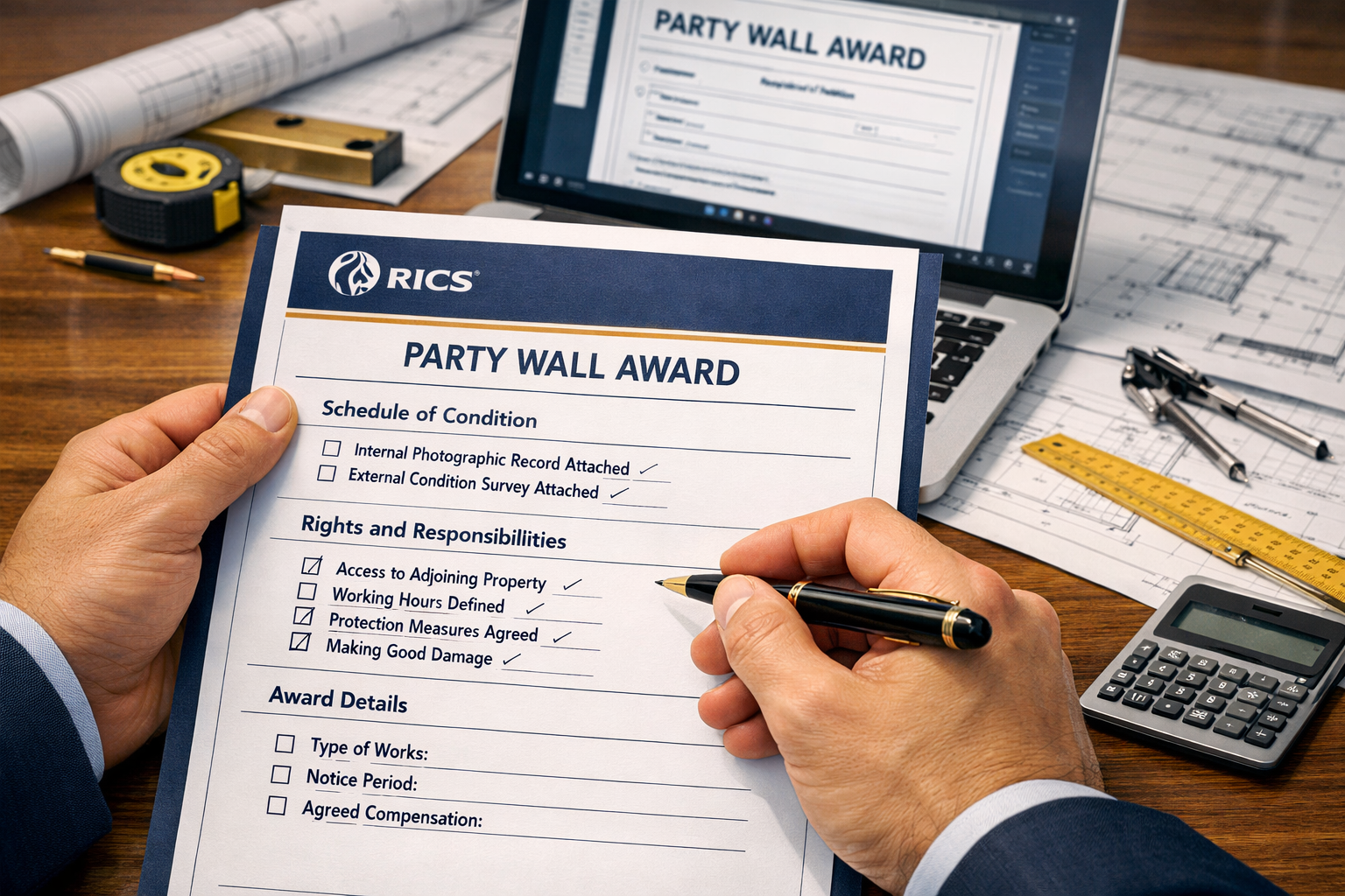 Detailed landscape format (1536x1024) illustration showing professional party wall award document being drafted, with close-up view of surve