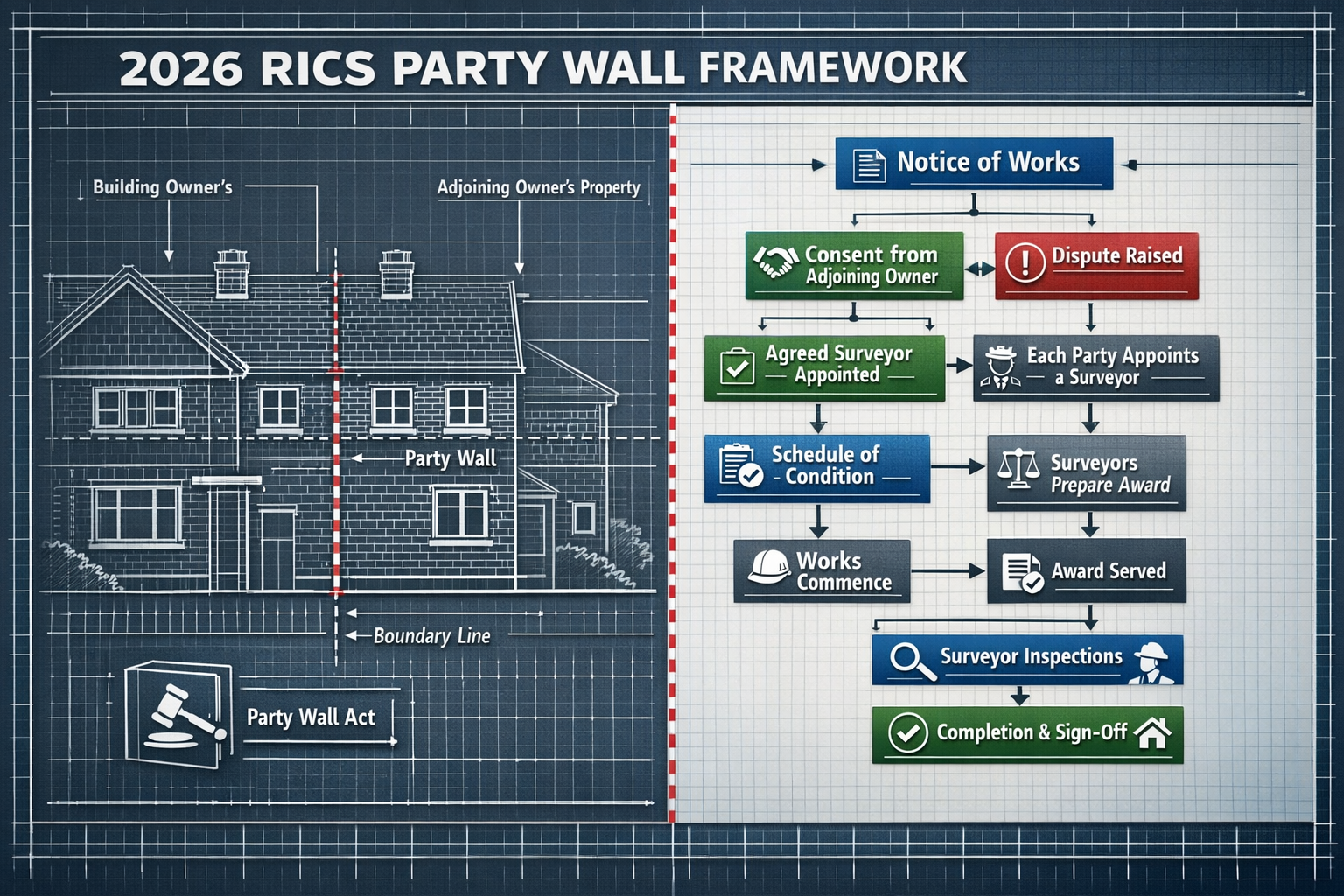 Architectural infographic depicting the 2026 RICS Party Wall Framework, featuring a split-screen landscape design with technical blueprint a